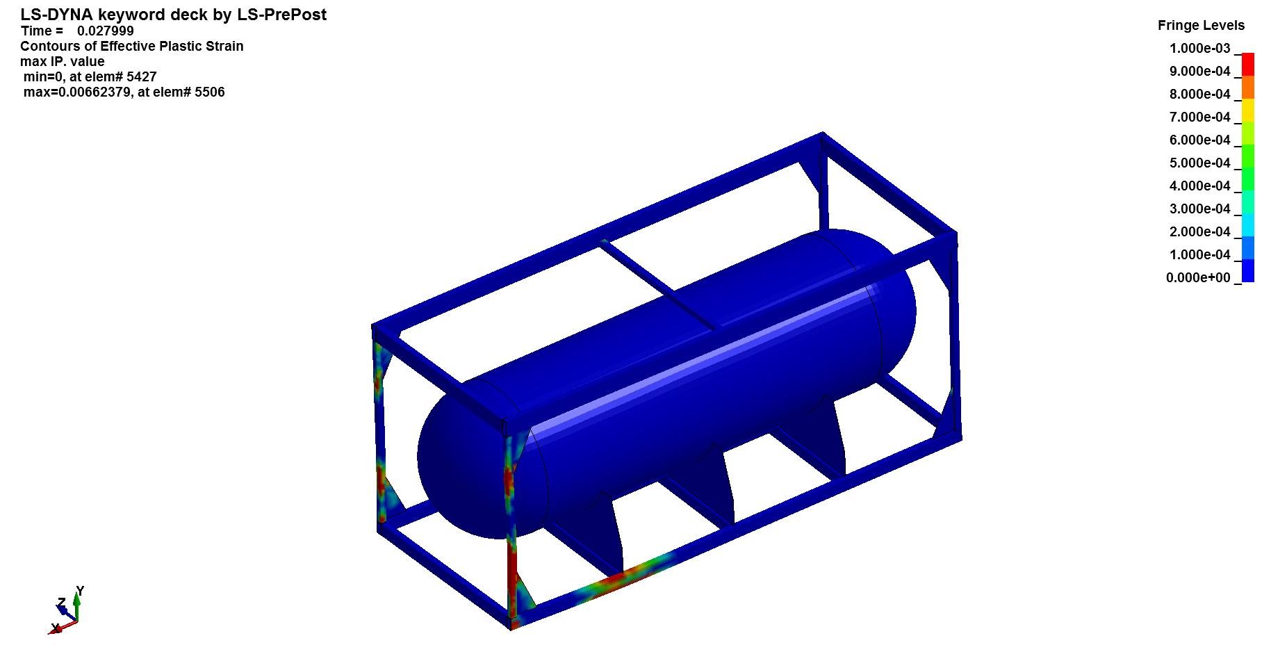 Effective plastic strain plot from a drop test simulation, showing where strain concentrates on impact