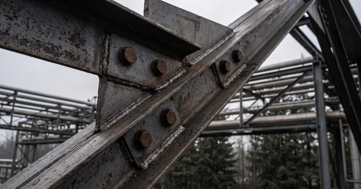 Bolted and welded structural steel connection on an outdoor pipe rack, a typical location for fatigue cracks to start